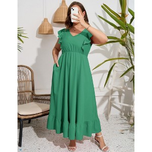 Womens Plus Size Casual Sleeveless Maxi Dress Ruffle Sleeve A Line Swing Summer Maxi Dress with Pockets - 1 of 4