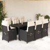 vidaXL 9 Piece Patio Dining Set with Adjustable Reclining Chairs, Cushions & Tempered Glass Tabletop - Black PE Rattan, Cream White Cushions - 2 of 4