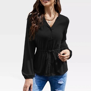 Women's Long Sleeve Shirts with Front Button Down V Neck - Casual Peplum Blouse with Waist Drawstring and Gathered Cuff Tops,Black - XL - 1 of 4
