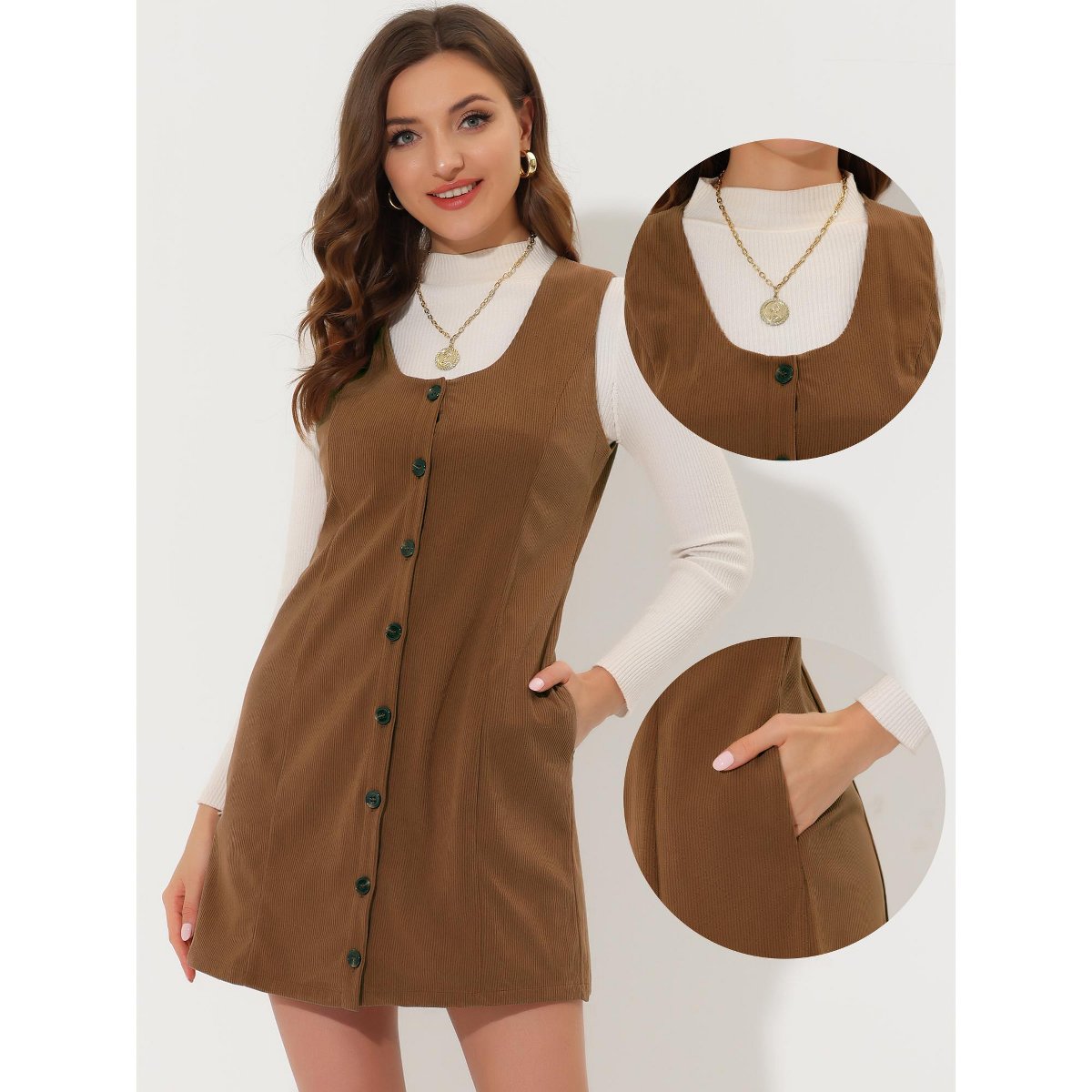 Женские платья INSPIRE CHIC Women's Corduroy Button Down Scoop Neck Pockets Casual Pinafore Overall Dress 2 Packs Brown/Black X-Small — фото 2