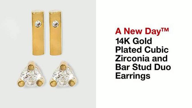 14K Gold Plated Cubic Zirconia and Bar Stud Duo Earring Set 2pc - A New Day&#8482;, 2 of 5, play video