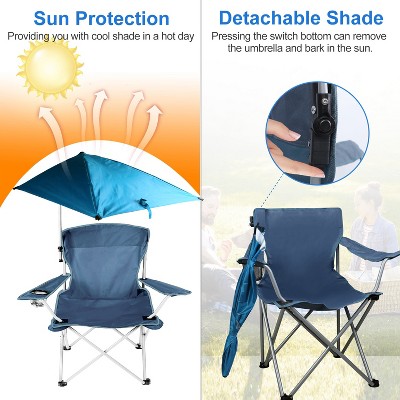 Black Foldable Camping Chair with Adjustable Blue Canopy and Armrests
