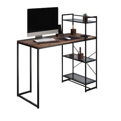 Compact Industrial-Style Black Metal and Wood Computer Desk with Storage