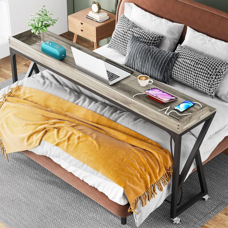 Tribesigns 70.9" Over Bed Desk with Adjustable Tilt Board, Mobile Laptop Cart with 2 AC Outlets & 2 USB Ports on Wheels for Home/Hospital, 4 of 11
