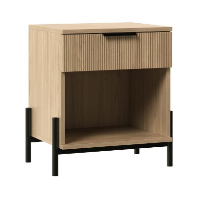TIRAMISUBEST Contemporary Oak Nightstand with Fluted Drawer & Open Storage Cubby