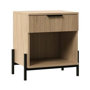 TIRAMISUBEST Contemporary Oak Nightstand with Fluted Drawer & Open Storage Cubby - 1 of 4