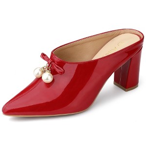 Allegra K Women's Pointed Toe Pearl Bow Chunky Heel Slides Mules - 1 of 4