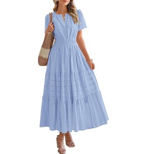 Coolmee Women Summer Maxi Dress Casual V Neck Short Sleeve Smocked Dresses Ruffle Tiered Hem Beach Party Long Flowy Sundresses - 1 of 4