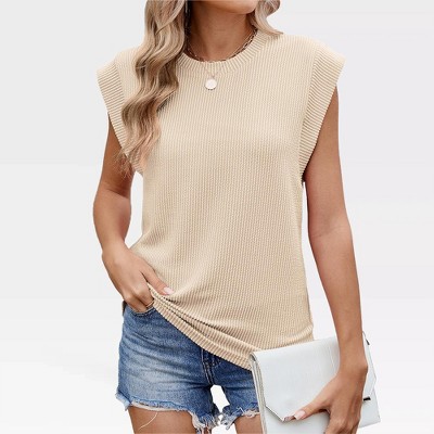 Womens Summer Tops Cap Sleeve Crew Neck Shirts Casual Stripped Tank Tops Sleeveless Shirts Basic Shirts Tee Blouse