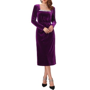 INSPIRE CHIC Women's Velvet Ruched Square Neck Long Sleeve Formal Evening Cocktail Midi Dresses - 1 of 4