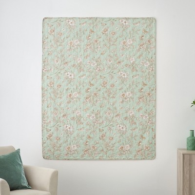 Olivia Mint Green Floral Cotton Reversible Throw Blanket