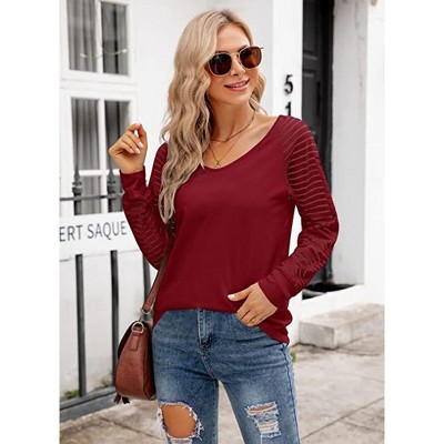 Women Tops V Neck Color Block Striped Long Sleeve Relaxed Fit T-Shirt Blouse
