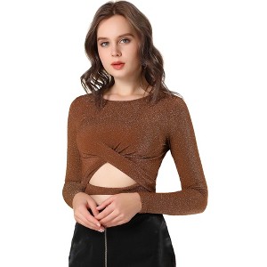 Allegra K Women's Glitter Long Sleeve Cut Out Twist Front Slim Fitted Crop Top - 1 of 4