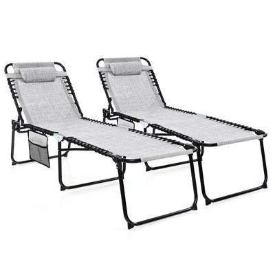Tangkula 2 PCS Folding Chaise Lounge Portable Lay Flat Reclining Chair w/ 4-Level Backrest Side Pocket
