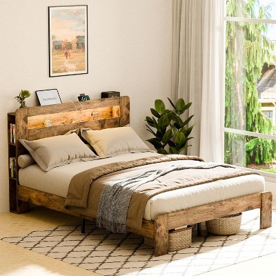 Zevemomo Wood Bed Frame King with Headboard, LED Light, Sturdy Wood Framework, No Noise, Dark Brown (Rectangular Slot)