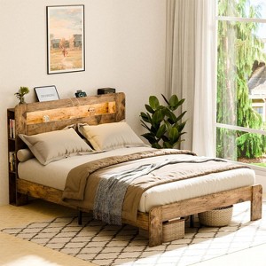 Zevemomo Wood Bed Frame King with Headboard, LED Light, Sturdy Wood Framework, No Noise, Dark Brown (Rectangular Slot) - 1 of 4