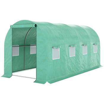 Outsunny 15' x 7' x 7' Walk-in Tunnel Hoop Greenhouse, Polyethylene PE Cover, Steel Frame, Roll-Up Zipper Door & Windows for Vegetables, Green
