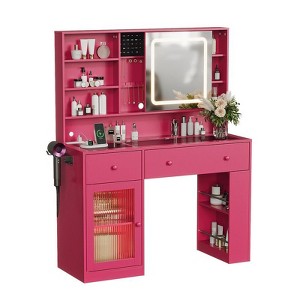 White Particle Board Veneered with Textured Melamine, 2 Drawers, 1 Glass Door, Left and Right 2-tier Shelves, Glass Tabletop, Dressing Table - 1 of 4