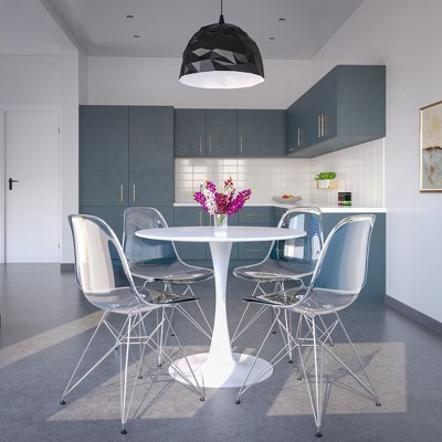 White Mid-Century Modern Round Dining Table with Wood Top