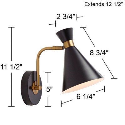 Venice Mid-Century Matte Black & Brass Adjustable Cone Wall Lamp Set