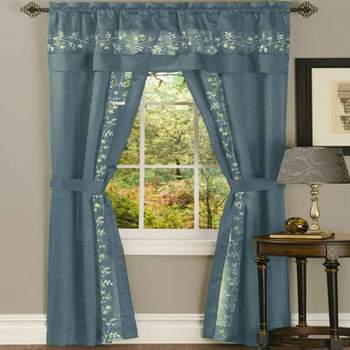 Kate Aurora Complete 5 Pc Window in a Bag Embroidered Floral Country Flax Sheer Curtain & Valance Set