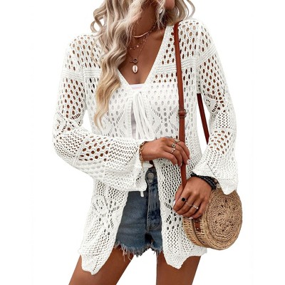 Women's Crochet Cardigan Light Weight Long Sleeve Tie Front Hollow Out Thin Cardigan