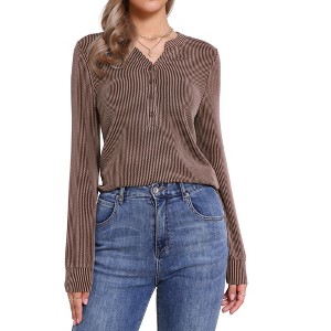 INSPIRE CHIC Women's Notched Collar Button Down Long Sleeves Wavy Lines Top - 1 of 4