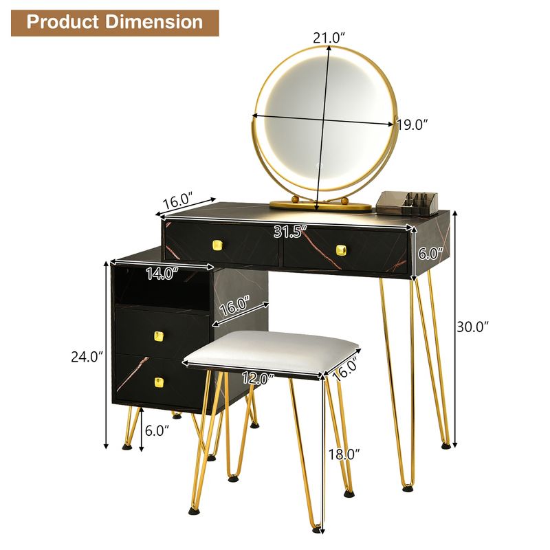 Costway Vanity Table Stool Set Dimmer LED Mirror Large Storage Cabinet Drawer Walnut\ Black\Brown\White, 4 of 15