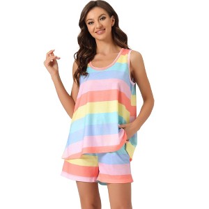 cheibear Women's Rainbow Stripe Tank Tops with Shorts Pajama Sets with Pockets - 1 of 4