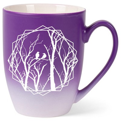 Elanze Designs Birds and Branches Two Toned Ombre Matte Purple and White 12 ounce Ceramic Stoneware Coffee Cup Mug