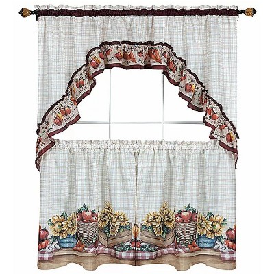 Kate Aurora Country Farmers Market Complete 3 Piece Kitchen Curtain Tier & Swag Valance Set