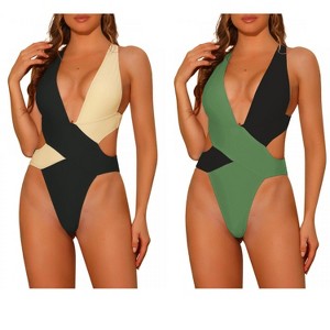 INSPIRE CHIC Women's Color Block Deep V Neck Criss Cross Back Swimwear Bathing Suit Monokini 2 Sets - 1 of 4