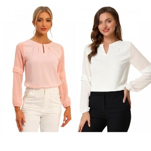 Allegra K Women's Chiffon Semi Sheer Keyhole Neck Elegant Work Blouse 2 Packs - 1 of 4