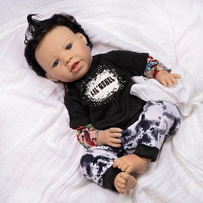 Paradise Galleries Reborn Toddler Boy Doll Lil Rebel 21 inch with Black Rooted Hair and Blue Eyes Made in GentleTouch Vinyl