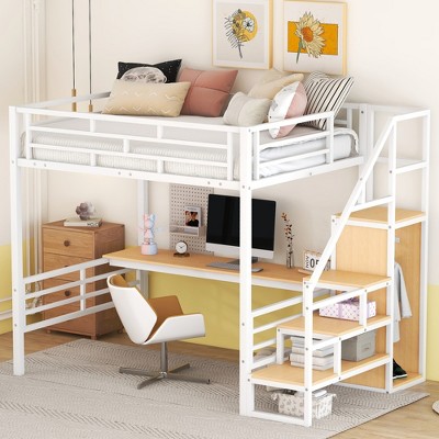 Whisen Full Size Metal Loft Bed with Desk and Convertible Storage Staircase and Small Wardrobe