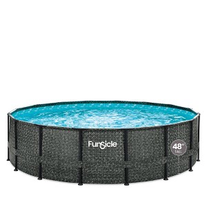 Funsicle 16' x 48" Oasis Designer Round Frame Outdoor Above Ground Swimming Pool Set with SkimmerPlus Filter Pump and Pool Cover, Dark Herringbone - 1 of 4