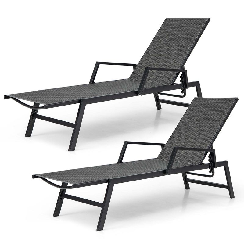 Costway 1 PC/2 PCS Outdoor Rattan Chaise Lounge with Armrests & 5-Position Backrest for Backyard, 2 of 10