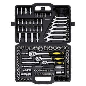 VEVOR 121-Piece Mechanics Tool Set, 1/4" 3/8" 1/2" Drive Sockets, SAE and Metric with Bits, Wrenches, Ratchet Handle, Accessories,Black & Silver - 1 of 4