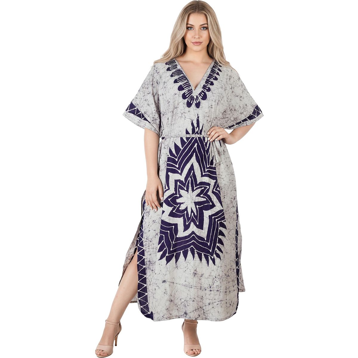 LA LEELA Summer Cotton Women Resort Lounge Caftan Dress Cruise Vacation Holiday Cover Up Travel Style 2X-3X Blue Star