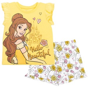 Disney Frozen Moana Princess Tiana Floral Peplum T-Shirt and French Terry Shorts Outfit Set Toddler to Big Kid - 1 of 4