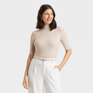 Women's Elbow Sleeve Mock Turtleneck Ribbed T-Shirt - A New Day™ - 1 of 4