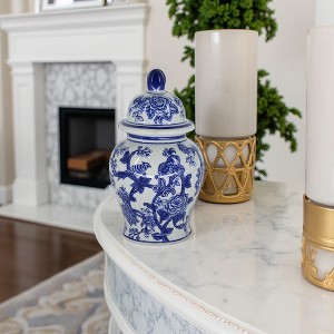 Sagebrook Home 10" Temple Jar - White and Blue Chinoiserie Design - Contemporary Glam Ceramic Temple Jar For Indoor - 1 of 4