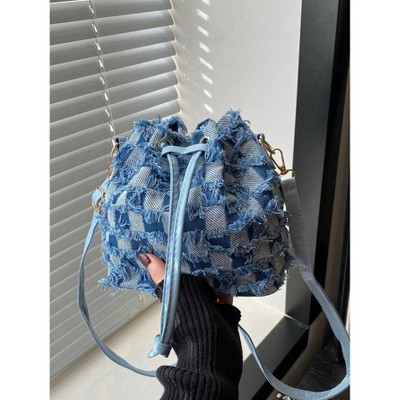 Hachikiko Women's Blue Denim Fringe Checkered Bucket Bag - Casual Boho Crossbody & Shoulder Purse for Everyday