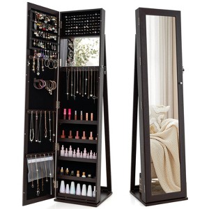 Costway Mirrored Jewelry Cabinet Armoire Lockable Standing Storage Organizer with Shelf Black/White/Coffee/Dark Brown - 1 of 4