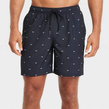 Men's 7" Boat Print Swim Shorts with Boxer Brief Liner - Goodfellow & Co™ Black