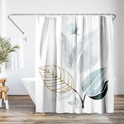 White and Gold Botanical Polyester Shower Curtain, 71" x 74"