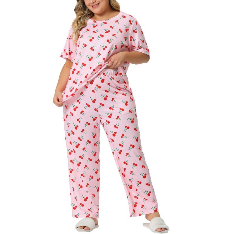 Agnes Orinda Women's Plus Size Short Sleeve Cherry Print Elastic Soft Pockets Pajama Set 2 Pcs, 2 of 6