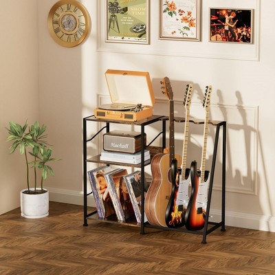 MOEPISY Record Player Stand, 3 Tier Guitar Stand for Acoustic, Electric Guitar, Bass Stand Brown