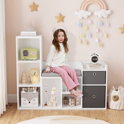 44 Inch kids Bookshelf and Toy Storage with Reading Nook, Toy Storage Organizer w/ 2 Extra Drawers, Kids Reading Nook for Playroom Kids Room