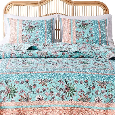 Turquoise and Coral King Cotton Polyester Quilted Pillow Sham